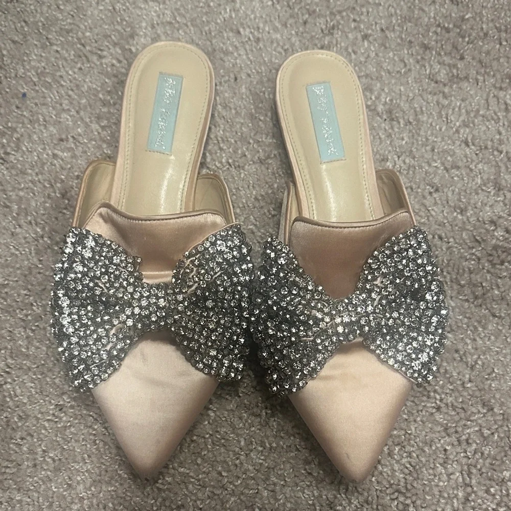 Glamorous Betsey Johnson Rhinestone Bow Satin Mules - Picture 1 of 7